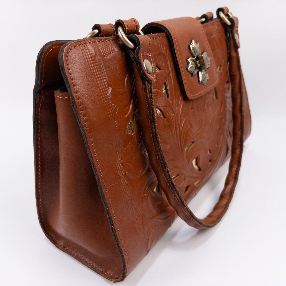 Patricia Nash Embossed Leather Satchel in Cognac Brown with Gold Accents